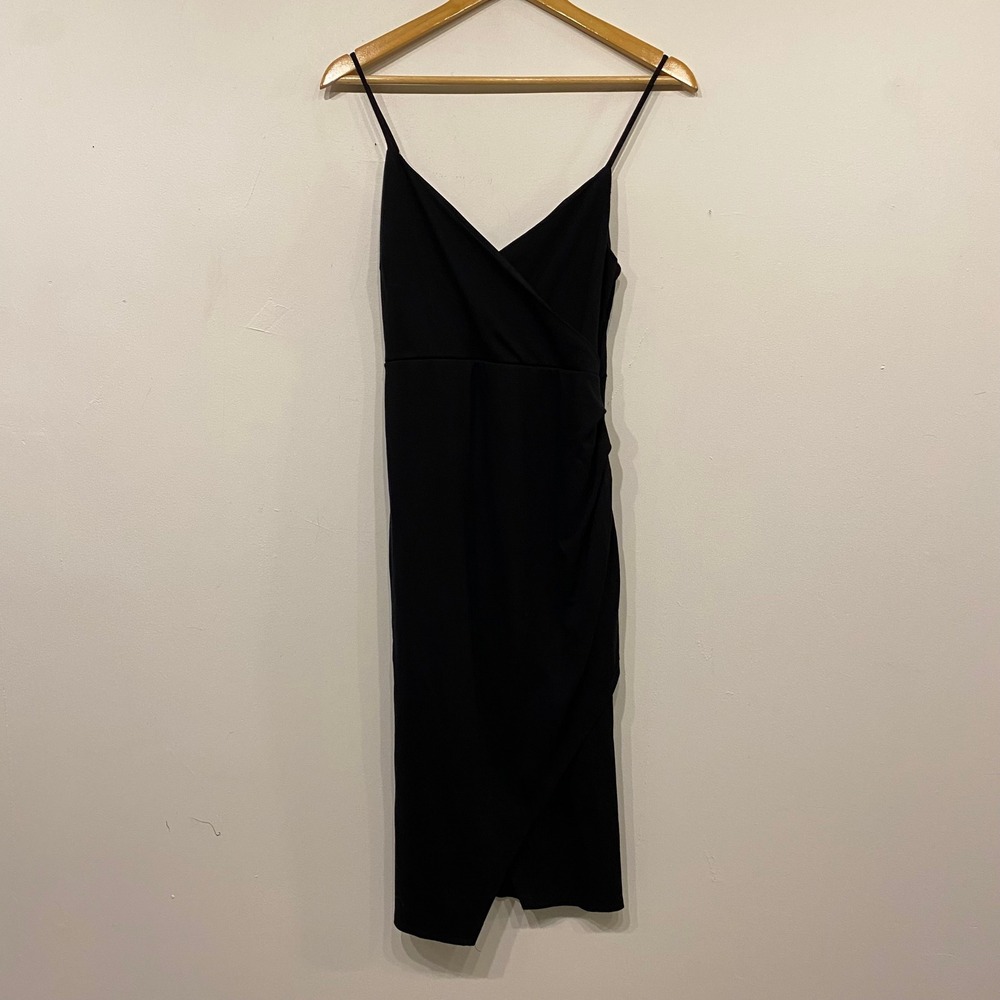 Lulus Black Wrap V-Neck Ruched Midi Dress Adjustable Straps Size Medium